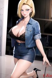 1girls ai_generated android_18 black_bra blonde_hair breasts cjin dragon_ball jacket jean_jacket nai_diffusion open_jacket skirt stable_diffusion