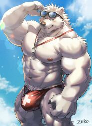 1boy 2023 abs anthro artist_name beach bear biceps blue_eyes blue_sky claws clothed clothing cloud day deltoids eyewear eyewear_on_head finger_claws fur hair hi_res lifeguard lifeguard_swimsuit light light_beam looking_aside male male_only mammal muscular muscular_anthro muscular_male muscular_thighs navel nipples obliques polar_bear pubes red_clothing red_speedo red_swimwear seaside sky solo speedo speedo_only sunbeam sunglasses sunglasses_on_head sunlight swimwear topless triceps ursine whistle_(object) white_body white_fur white_hair zero_087