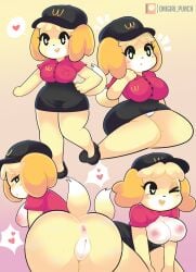 <3_eyes 3_fingers absurd_res animal_crossing anthro anus areola ass big_breasts big_butt black_bottomwear black_clothing black_footwear black_hat black_headwear black_shoes black_skirt blush bottomless bottomwear breasts canid canine canis clothed clothing digital_media_(artwork) domestic_dog exposed exposed_breasts exposed_panties eyelashes female fingers footwear fur genitals hair hand_on_hip hat headgear headwear heart hi_res isabelle_(animal_crossing) looking_at_viewer looking_back mammal mcdonald's monotone_bottomwear monotone_clothing monotone_skirt mostly_nude narrowed_eyes nintendo nipples one_eye_closed onigiri_punch open_mouth panties patreon patreon_logo pink_anus pink_areola presenting presenting_anus presenting_hindquarters presenting_pussy pussy rear_view red_clothing red_shirt red_topwear shih_tzu shirt shoes simple_background skirt smile solo standing tail thick_thighs topwear toy_dog underwear uniform white_clothing white_panties white_underwear wink work_uniform y_anus yellow_body yellow_fur