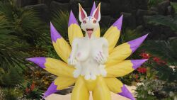 amani_the_shaman anthro blender_(software) breasts candy female fox kyubi_(yo-kai_watch) long_tongue multi_tail nipples open_maw open_mouth teasing teeth tongue_out