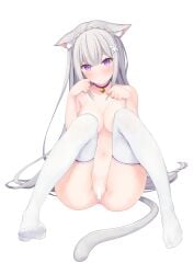 absurdres animal_ears anus bar_censor bell blush breasts cameltoe cat_ears cat_lingerie cat_tail censored closed_mouth collar collarbone echiru39 emilia_(re:zero) feet female grey_hair highres kemonomimi_mode knees_together_feet_apart long_hair looking_at_viewer medium_breasts meme_attire navel neck_bell no_shoes nude paw_pose purple_collar purple_eyes pussy re:zero_kara_hajimeru_isekai_seikatsu simple_background sitting solo tail thighhighs underwear very_long_hair white_background white_thighhighs