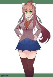 1girls 2018 alphaerasure artist_signature big_breasts color doki_doki_literature_club green_eyes looking_at_viewer monika_(doki_doki_literature_club) ponytail school_uniform sequence sfw skirt tagme thighhighs