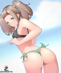 1girls absurd_res ass bikini brown_hair brunette embarrassed female female_only green_eyes looking_at_viewer looking_back shania_(xenoblade) small_breasts solo solo_female swimsuit twintails two_piece_swimsuit xenoblade_(series) xenoblade_chronicles_3 zambonito