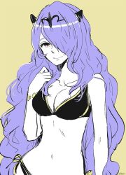 1girls alternate_costume bare_shoulders bikini black_bikini black_swimsuit breasts camilla_(fire_emblem) cleavage donkuma_kakusei facing_viewer female female female_only fire_emblem fire_emblem_fates hair_over_one_eye long_hair looking_at_viewer medium_breasts navel nintendo purple_eyes swimsuit upper_body very_long_hair