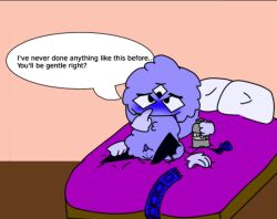 anthro bed_sheet bedding bedroom blue_blush blue_body blue_fur blush condom cuntboy cuntboy_sans_balls fan_character fluffy fungus fur hands_on_leg herm hermaphrodite intersex intersex/male lube_bottle male maleherm multi_eye multi_genitalia mushroom nude penis pillow pussy sexual_barrier_device shy solo