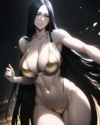 ai_generated big_breasts bikini black_hair bleach bleach:_the_thousand-year_blood_war breasts cowboy_shot davincifachera gold_bikini gold_bra gold_panties hair_down hourglass_figure huge_breasts large_breasts light-skinned_female light_skin loose_hair mature mature_female micro_bikini milf nai_diffusion naughty naughty_face naughty_smile pale-skinned_female pale_skin pinup revealing_swimsuit skimpy skimpy_bikini smile stable_diffusion swimsuit unohana_retsu unohana_yachiru very_long_hair voluptuous voluptuous_female wide_hips