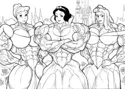 3girls abs aurora_(sleeping_beauty) biceps big_breasts big_muscles cinderella_(1950_film) cinderella_(disney) crossover disney disney_princess extreme_muscles female female_only huge_breasts huge_muscles hyper_muscles large_breasts large_muscles monochrome multiple_girls muscles muscular muscular_female princess royalty rssam000 sleeping_beauty_(1959_film) snow_white_(disney) snow_white_and_the_seven_dwarfs_(1937_film) thunder_thighs veiny_muscles