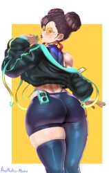 1girls aestheticc-meme asian ass big_ass breasts capcom chun-li dat_ass earrings female hi_res jacket large_ass light-skinned_female light_skin lipstick red_lipstick street_fighter sunglasses thick_thighs thong turning_around twin_buns whale_tail