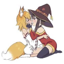 blush fox_ears girl girl_on_girl hat human kissing kitsune kono_subarashii_sekai_ni_shukufuku_wo! livvie megumin open_mouth senko_(sewayaki_kitsune_no_senko-san) sewayaki_kitsune_no_senko-san tail thighhighs yuri