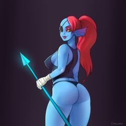 1:1 1:1_aspect_ratio 2010s 2016 anthro anthro_only ass ass black_background blue_body blue_skin chelodoy dark_background eye_patch eyepatch female female female_anthro female_only fish fish_girl holding_spear holding_weapon lips long_hair looking_back marine monster monster_girl orange_sclera ponytail red_eyes red_hair solo solo_anthro solo_female spear undertale undertale_(series) undyne weapon