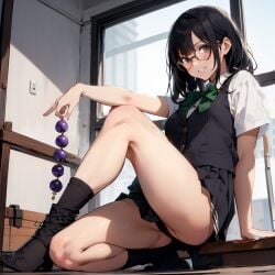 ai_generated anal_beads black_hair glasses large_anal_beads panties panty_shot pixiv_id_97303377 school_uniform sugar_(artist) tagme