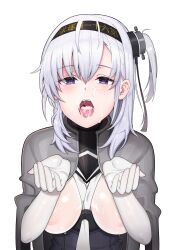 absurdres and-j_(dlwjdqja1212) black_headband blue_eyes blush bodysuit breasts cape clothes_writing covered_nipples cum cum_in_mouth cum_on_tongue facial female grey_cape hachimaki hair_between_eyes headband highres kantai_collection long_hair looking_at_viewer medium_breasts one_side_up open_mouth school_uniform see-through_bodysuit serafuku solo suzutsuki_(kantai_collection) white_bodysuit