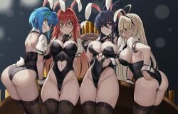 4girls :t adjusting_clothes adjusting_leotard akeno_himejima alternate_costume alternate_eye_color animal_ears asia_argento ass beer_mug black_hair black_leotard black_ribbon black_thighhighs blonde_hair blue_hair breasts bunnysuit cameltoe cleft_of_venus clothing_cutout commentary commission crossed_bangs cup detached_collar detached_sleeves english_commentary fake_animal_ears fake_tail female_focus female_only gluteal_fold green_eyes green_hair groin hair_between_eyes heart_cutout high_school_dxd highleg highleg_leotard highres holding holding_tray large_breasts leaning_forward leotard long_hair looking_at_viewer mug multicolored_hair multiple_girls navel navel_cutout neck_ribbon nico-mo playboy_bunny pout purple_eyes rabbit_ears rabbit_tail red_hair rias_gremory ribbon short_hair sideboob simple_background smile standing streaked_hair tail thighhighs tray white_wrist_cuffs wrist_cuffs xenovia_quarta yellow_eyes