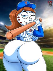 1girls ass baseball baseball_cap big_ass bottomless brown_hair female female_only looking_at_viewer looking_back mlb mrs._met new_york_mets one_eye_closed partially_clothed ponytail rear_view smile solo solo_female vash_art wink