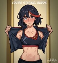 1girls abs after_workout ahoge arms_at_sides artist_name athletic athletic_female bell_haircut black_hair black_sailor_collar black_serafuku blush bob_cut bra breasts collarbone crop_top cropped_shirt deep_blush embarrassed english english_text female female_only frown indoors kill_la_kill laylaletsyou living_clothes living_clothing matoi_ryuuko medium_breasts midriff multicolored_hair muscular muscular_female navel neckerchief nose_blush panties pantyshot partially_visible_vulva red_hair red_neckerchief sailor_collar school_uniform senketsu serafuku shaded_face short_hair short_sleeves signature small_breasts solo sports_bra streaked_hair sweat sweaty tagme thick_eyebrows thin_female tomboy toned toned_female top_focused tummy two-tone_hair two-tone_panties two_tone_hair undressing unhappy unhappy_female upper_body upper_body_focus v-shaped_eyebrows white_panties workout_clothes