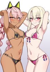 2girls armpits arms_behind_head arms_up bikini blonde_hair blush body_markings braided_twintails breasts brown_skin chloe_von_einzbern chloe_von_einzbern_(swimsuit_avenger) chocolate_and_vanilla covered_nipples dark-skinned_female dark_skin fate/grand_order fate/kaleid_liner_prisma_illya fate_(series) female female_only illyasviel_von_einzbern illyasviel_von_einzbern_(swimsuit_archer)_(fate) light-skinned_female light_skin long_hair looking_at_viewer multiple_girls muta_poo naughty_face navel orange_eyes perky_breasts perky_nipples petite petite_body petite_breasts petite_female pink_hair red_eyes simple_background sisters small_breasts smile symmetrical_docking thighs twintails young