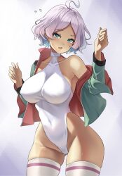 1girls 2023 ahoge asticassia_school_uniform blush bob_cut breasts collarbone contrapposto covered_navel cowboy_shot dark-skinned_female dark_skin duchessofarmeria female flying_sweatdrops green_jacket groin gundam gundam_suisei_no_majo halter_leotard halterneck highleg highleg_leotard highres jacket large_breasts leotard light_purple_hair long_sleeves looking_at_viewer parted_bangs school_uniform secelia_dote simple_background skindentation solo standing sweatdrop thighhighs white_leotard white_thighhighs wide_hips