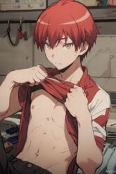 1boy ai_generated akabane_karma assassination_classroom male_only red_hair shirt_lift short_hair teen teen_boy teenager