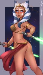 1girls ahsoka_tano armlet ass belly_dancer belly_dancer_outfit blue_eyes blush bubble_butt davidelleart dual_wielding harem_girl harem_outfit jedi large_breasts lightsaber loincloth_aside orange_skin slave slave_bikini slave_collar slave_leia_(cosplay) slave_outfit slavegirl star_wars togruta