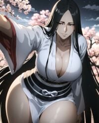 ai_generated black_hair bleach bleach:_the_thousand-year_blood_war center_opening cowboy_shot davincifachera female female_only hair_down kimono light-skinned_female light_skin loose_hair mature mature_female milf nai_diffusion naughty naughty_face naughty_smile no_bra pale-skinned_female pale_skin pinup smile stable_diffusion thick_thighs unohana_retsu unohana_yachiru very_long_hair voluptuous voluptuous_female wafuku