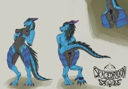 anthro anus black_body black_scales blue_body blue_scales breasts claws dragon facial_horn female genitals horn nose_horn pawpads pink_claws puffy_anus purple_anus purple_body purple_horn purple_pawpads purple_scales pussy scales signature solo spacedragonstyle_(artist)