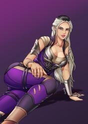 big_breasts black_hair breasts edenian female long_hair mortal_kombat mortal_kombat_1_(2023) painted_nails purple_clothing purple_eyes sindel smile smiling solo solo_female thighs thotlerrr treartz white_hair