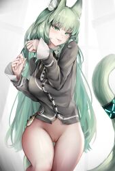 :p absurdres animal_ear_fluff animal_ears arknights bottomless breasts breasts_out cardigan cat_ears cat_tail commentary_request cowboy_shot female green_eyes green_hair grey_cardigan harmonie_(arknights) highres infection_monitor_(arknights) large_breasts long_hair long_sleeves looking_at_viewer nopetroto pussy solo tail thighs tongue tongue_out uncensored very_long_hair