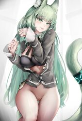 :p absurdres animal_ear_fluff animal_ears arknights black_bra bottomless bra breasts breasts_out cardigan cat_ears cat_tail commentary_request cowboy_shot female green_eyes green_hair grey_cardigan harmonie_(arknights) highres infection_monitor_(arknights) large_breasts long_hair long_sleeves looking_at_viewer nopetroto open_cardigan open_clothes pussy solo tail thighs tongue tongue_out uncensored underwear very_long_hair