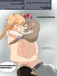 1boy 1girls aether_(genshin_impact) big_breasts birthday bite_mark breasts color dialogue drawing female genshin_impact kissing lipstick_mark lisa_(genshin_impact) long_hair male mihoyo straight taller_girl text