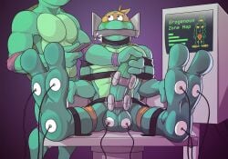 2_toes 3_fingers anthro anti_dev bandana blush bodily_fluids controller donatello_(tmnt) duo electrode electrode_on_balls erection feet genitals green_penis hi_res kerchief male male/male michelangelo_(tmnt) monitor muscular muscular_anthro muscular_male nude nude_male penile penis remote_control remote_controlled_vibrator reptile scalie sex_toy strapped_down sweat sweatdrop teenage_mutant_ninja_turtles teenage_mutant_ninja_turtles_(1987) tmnt_1987 toes touching_penis turtle vibrator vibrator_on_penis