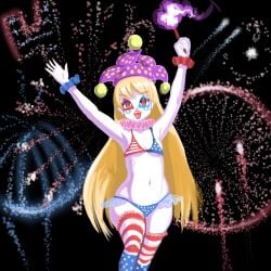 bikini clown_girl clown_makeup clown_paint clownpiece female navel profitshame small_breasts smile thick_thighs thighhighs torch touhou wide_hips