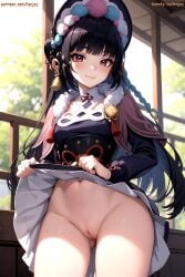 ai_generated dark_hair genshin_impact hat lenjoy presenting_pussy pussy red_eyes skirt_lift watermark yun_jin_(genshin_impact)