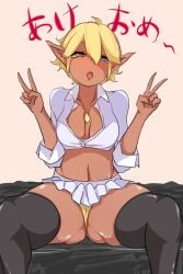 ass ass_visible_through_thighs aura_bella_fiora big_ass big_breasts breasts clothing dark-skinned_female dark_elf dark_skin elf elf_ears eyes_rolling_back female female_only fully_clothed ina-chi microskirt necklace open_mouth overlord_(maruyama) panties peace_sign short_skirt skirt solo solo_female solo_focus tagme thick_thighs thighhighs yellow_panties