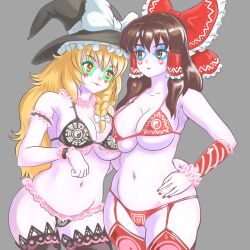 1girls bikini clown_girl clown_makeup clown_paint clownification female garter_belt garter_straps large_ass large_breasts marisa_kirisame navel post_transformation profitshame reimu_hakurei smile thick_thighs thighhighs touhou transformation wide_hips