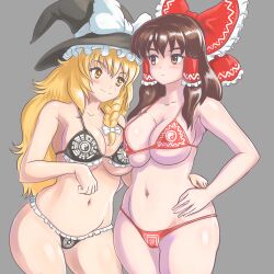 1girls bikini female large_ass large_breasts marisa_kirisame navel pre-transformation profitshame reimu_hakurei smile thick_thighs touhou transformation wide_hips