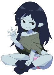 1girls adventure_time belly belly_button cartoon_network crotch fangs female_focus looking_at_viewer loose_clothes marceline panties pinup portrait shirt sitting sleepwear socks solo solo_female solo_focus sub-neamo thighs vampire waving waving_at_viewer white_background