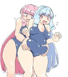 2girls blush chubby chubby_female cowboy_shot embarrassed groping_belly groping_from_behind kotonoha_akane kotonoha_aoi naughty_face naughty_smile school_swimsuit sweatdrop vocaloid voiceroid yuri