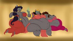 3girls aladdin anthro anthro_only bbw belly black_hair brown_fur brown_hair catgirl corruption disney disney_princess fat female female_only golden_headwear green_energy green_eyes large_belly large_breasts mirage_(aladdin) obese_female princess_jasmine red_clothes sadira_(aladdin) sil-pen-draco transformation twinning weight_gain