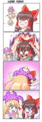 4koma bikini brainwashing clown_makeup clown_paint clownification clownpiece comic female kissing navel personality_change profitshame reimu_hakurei small_breasts smile thick_thighs thighhighs torch touhou transformation wide_hips yuri