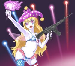 bikini clown_girl clown_makeup clown_paint clownpiece female gun navel profitshame small_breasts smile thick_thighs thighhighs torch touhou wide_hips