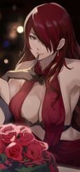 armpits big_breasts black_bra black_gloves bra cleavage cropped dress earrings finger_to_mouth glove j@ck long_hair mitsuru_kirijo persona persona_3 red_dress red_eyes red_hair