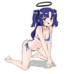 :d all_fours bare_arms bare_legs bare_shoulders barefoot bikini blue_archive blue_bikini blush breasts colorized female fried_bocky hair_between_eyes hair_ornament halo highres looking_at_viewer millennium_science_school_student navel open_mouth purple_eyes purple_hair pussy_juice seminar_(blue_archive) side-tie_bikini_bottom simple_background small_breasts smile solo string_bikini sweat swimsuit trembling two_side_up wet white_background yuuka_(blue_archive)