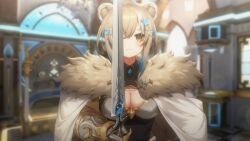 cleavage hazumi_aileen holding holding_object holding_sword indie_virtual_youtuber knight lioness mole_on_breast not_porn official_art sword virtual_youtuber