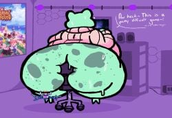 animal_crossing_new_horizons anthro ass big_ass big_butt bottomless chair desk fat fat_ass feelingdrowzy furniture furry gaming hi_res hollow_knight hops_(feelingdrowzy) huge_ass huge_butt hyper_ass hyper_butt male male_only obese obese_male overweight overweight_male poster purple_background sitting sitting_on_chair solo solo_male speech_bubble spots spotted_butt sweat sweater sweaty sweaty_butt text thick_thighs wide_hips