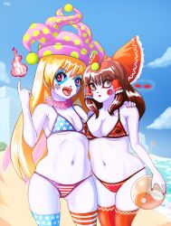 bikini clown_makeup clown_paint clownification clownpiece female fire implied_transformation navel personality_change profitshame reimu_hakurei small_breasts smile thick_thighs thighhighs touhou transformation wide_hips