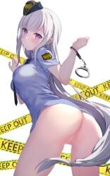 absurdres alternate_costume ass blush bottomless breasts caution_tape censored collared_shirt commentary_request cuffs echiru39 emilia_(re:zero) female handcuffs hat highres keep_out long_hair looking_at_viewer medium_breasts mini_hat mosaic_censoring no_pants panties pointy_ears police police_uniform policewoman purple_eyes pussy re:zero_kara_hajimeru_isekai_seikatsu shirt short_sleeves solo underwear uniform very_long_hair white_hair white_panties