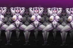 absurd_res ahe_gao anthro arrteen big_breasts blush bodily_fluids breasts clone curvy_figure cybernetic_arm cybernetic_leg cybernetic_limb cybernetics cyborg disney female fur furry genitals gradient_background grey_body grey_fur group hand_on_head hi_res hourglass_figure judy_hopps lagomorph leporid lineup long_ears looking_pleasured machine mammal multicolored_body multicolored_fur musk_clouds navel pasties presenting presenting_pussy pubic_tattoo purple_eyes pussy rabbit robocop robocop_(franchise) sex_toy shaking shivering simple_background small_waist spread_legs spreading steam sweat two_tone_body two_tone_fur vibrator zootopia