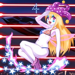 bikini clown_makeup clown_paint clownpiece female navel profitshame small_breasts smile thick_thighs torch touhou wide_hips