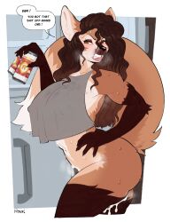 after_sex annoyed anthro beverage_can big_breasts bodily_fluids bottomless breasts brown_body brown_fur brown_hair canid canine clothed clothing crop_top cum cum_drip dialogue dripping female fluffy fluffy_tail fox fur genital_fluids hair hi_res leaking_cum lips mammal nipple_outline roly shirt side_view solo speech_bubble standing sweat tail topwear