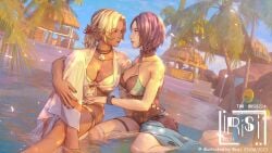 2girls absurdres alternate_costume alternate_version_available beach bikini black_one-piece_swimsuit black_swimsuit blonde_hair blue_nails bracelet breasts catherine_(fire_emblem) catherine_(summer)_(fire_emblem) cleavage crossed_legs dark-skinned_female dark_skin eye_contact female female_only fire_emblem fire_emblem:_three_houses fire_emblem_heroes green_nails highres hut irisl jewelry large_breasts looking_at_another multiple_girls nail_polish nintendo official_alternate_costume one-piece_swimsuit palm_tree partially_submerged ponytail shamir_nevrand shamir_nevrand_(summer) short_hair short_ponytail swimsuit tree water white_bikini white_swimsuit yuri